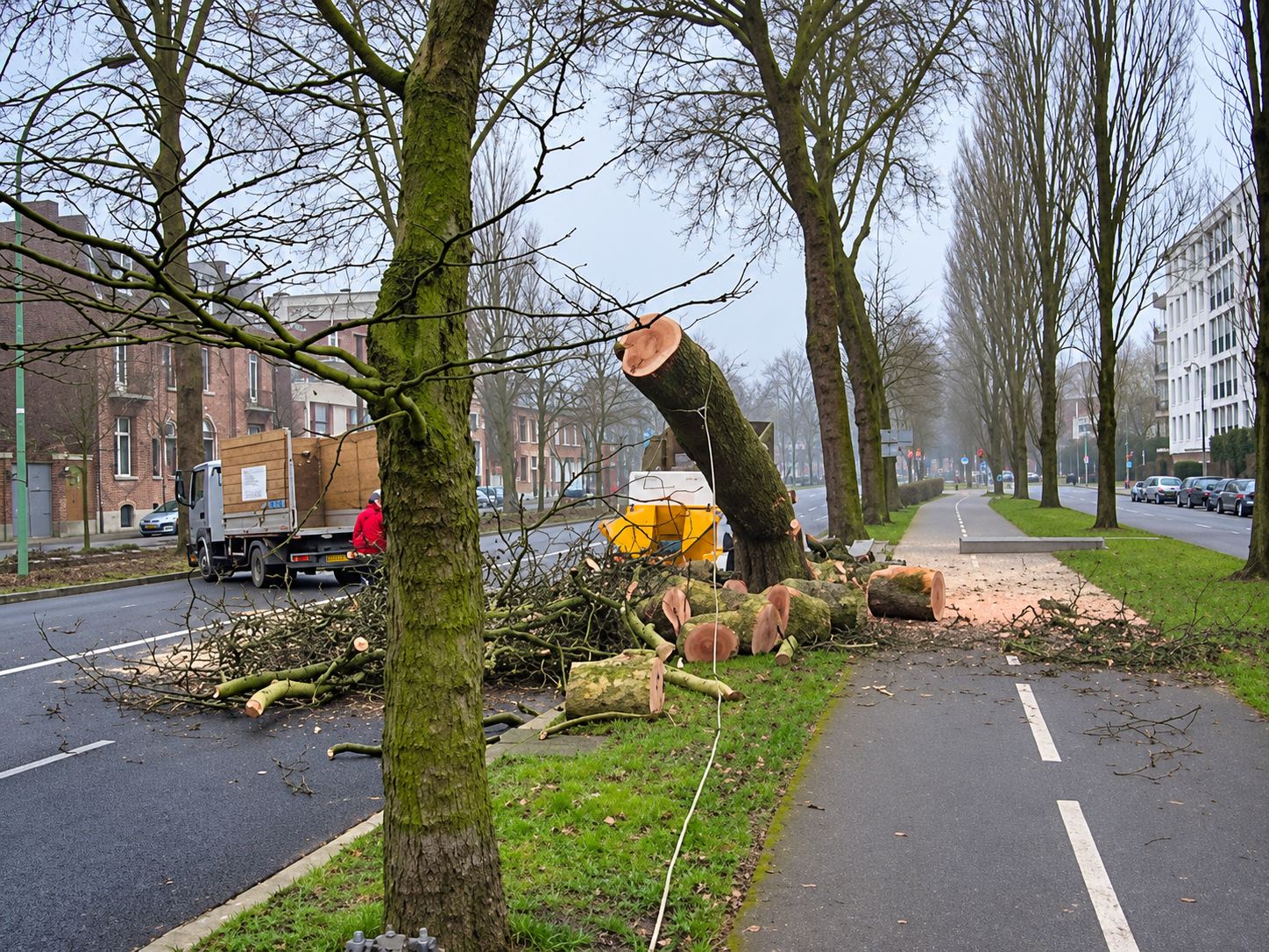 Abattage d’un grand arbre le long d’une avenue urbaine brumeuse